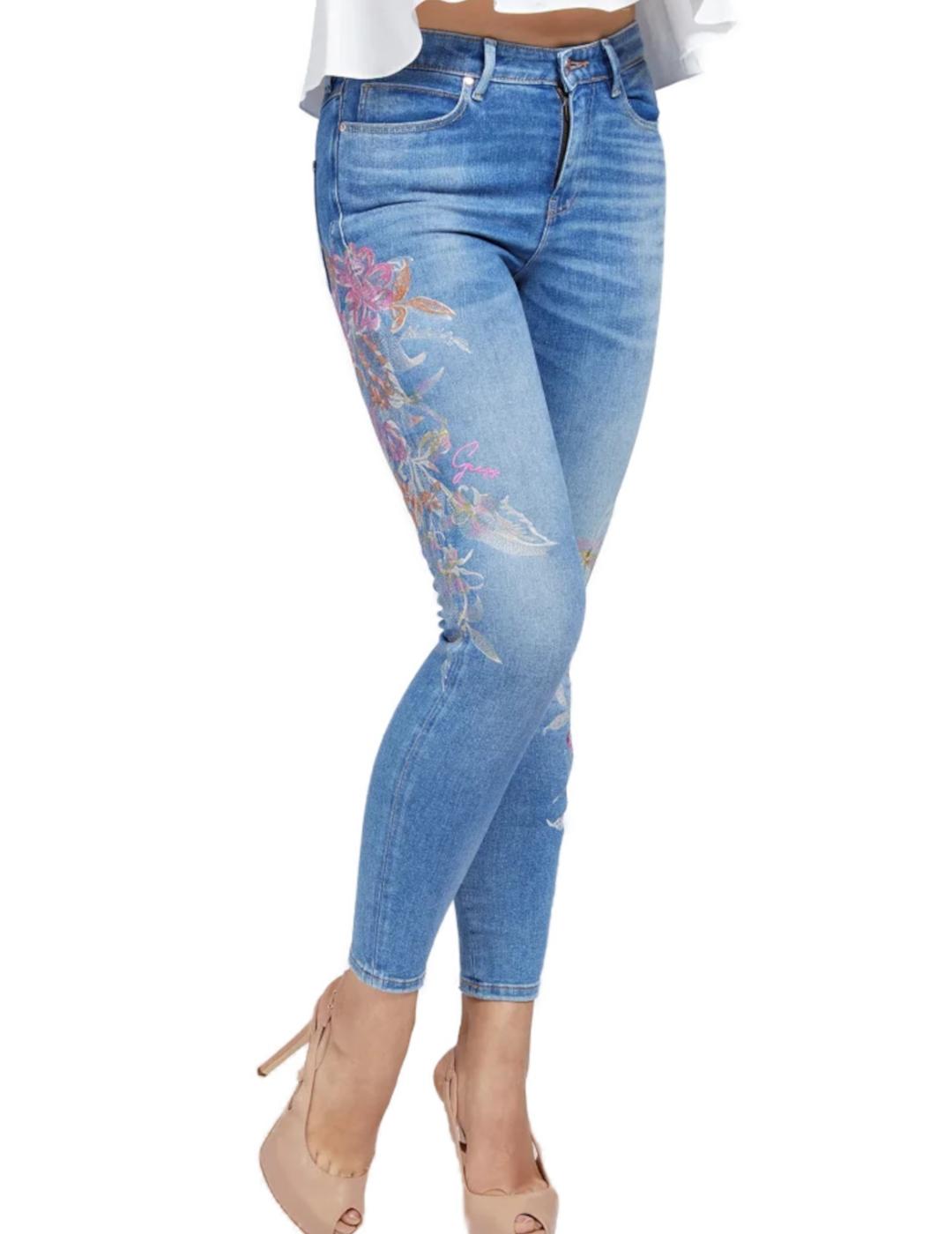 Pantalón vaquero Guess bordados rosas de mujer