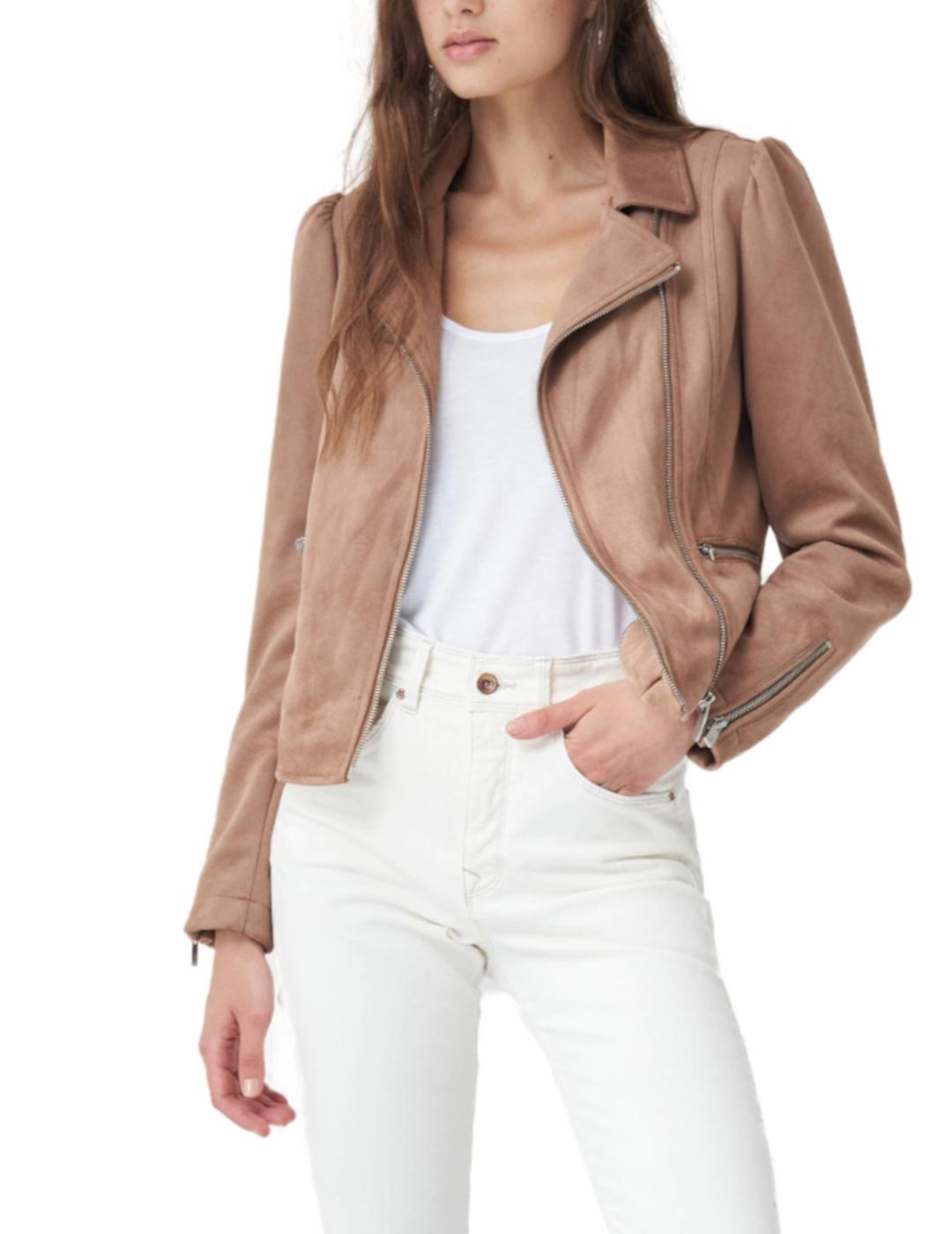 Cazadora biker Salsa efecto ante beige de mujer-z