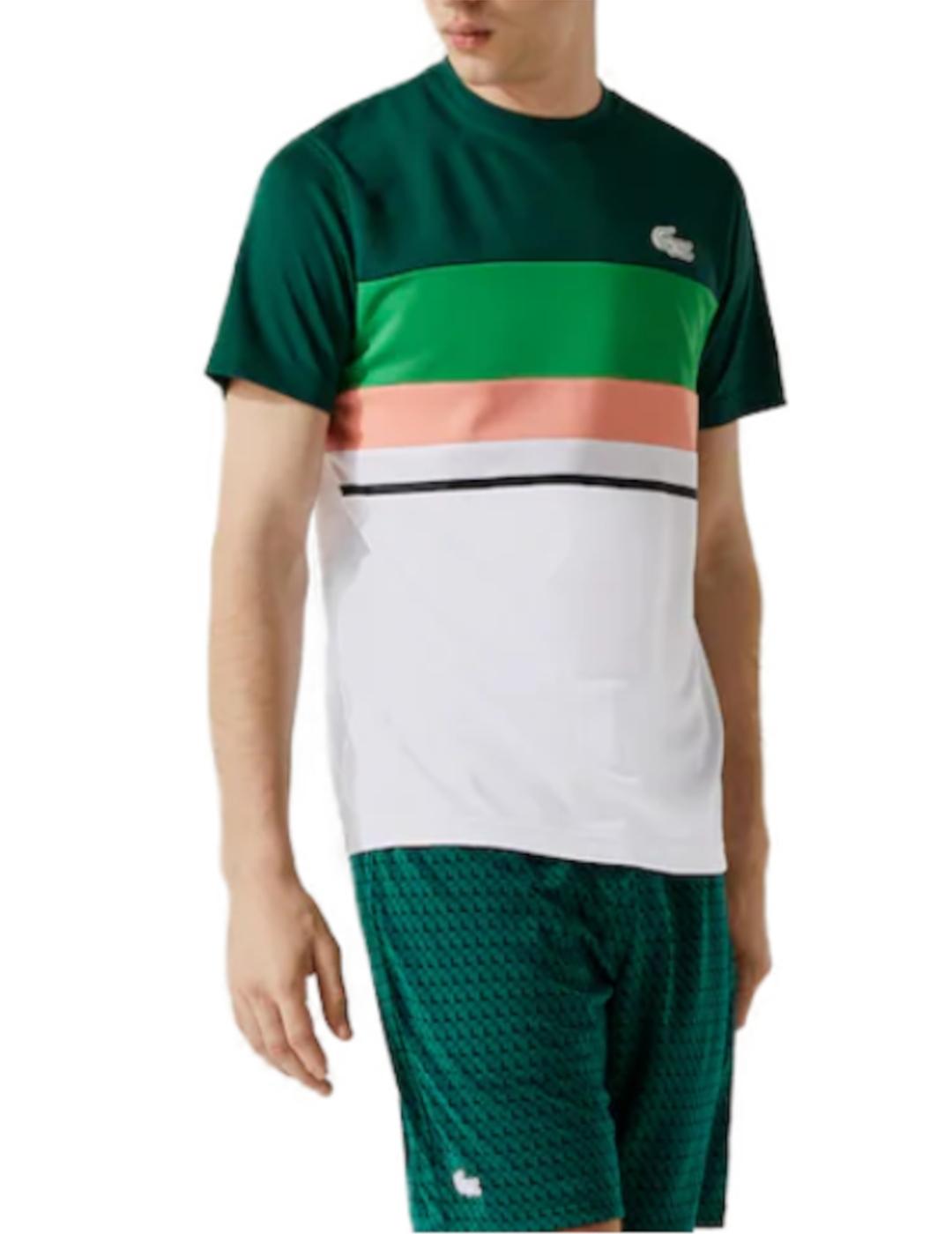Camiseta Lacoste verde, blanca y coral de hombre-z