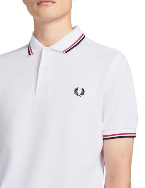 Polo Fred Perry blanco raya rojo azul hombre y