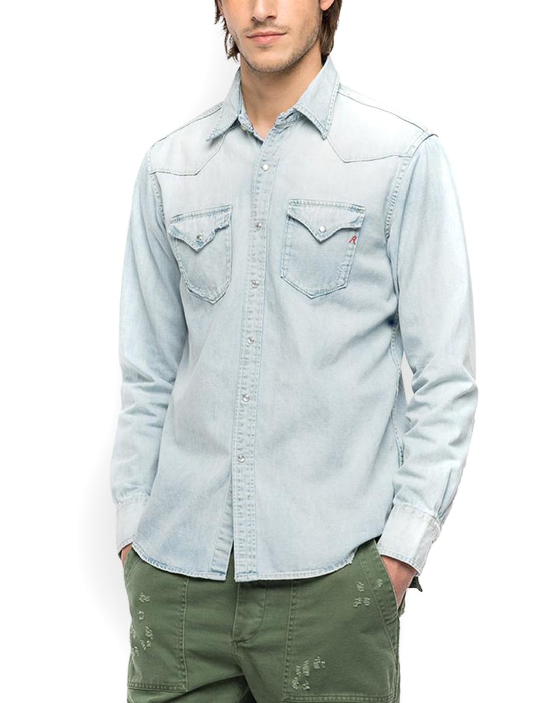 Camisa Replay vaquera azul claro para hombre -a