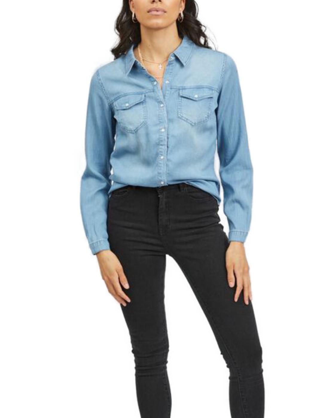 Camisa denim Vila Vibista azul medio para mujer-&