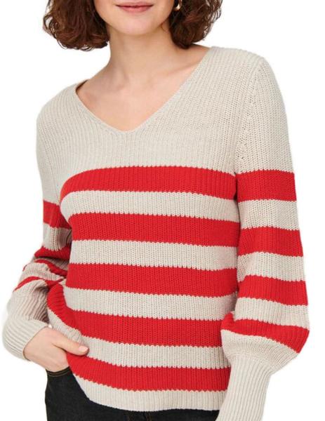 Jersey de pico Only beige rayas rojas de mujer-a