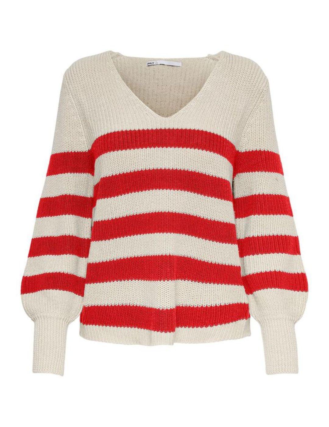 Jersey de pico Only beige rayas rojas de mujer-a