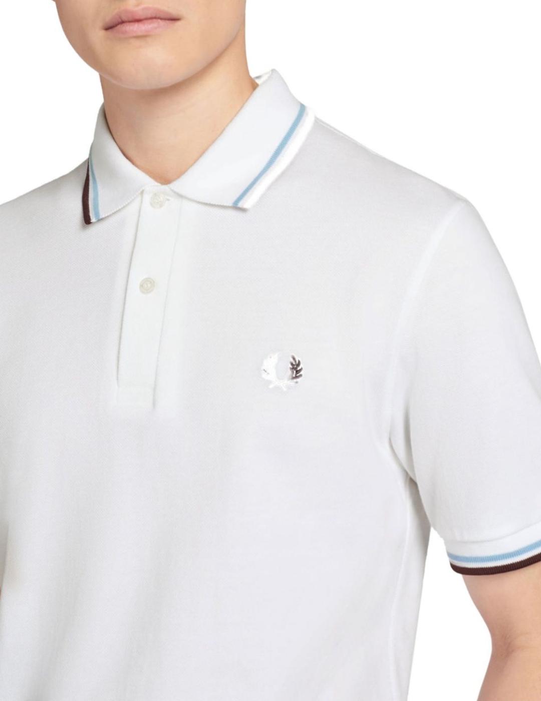 Polo Fred Perry blanco raya gran/celeste hombre -a