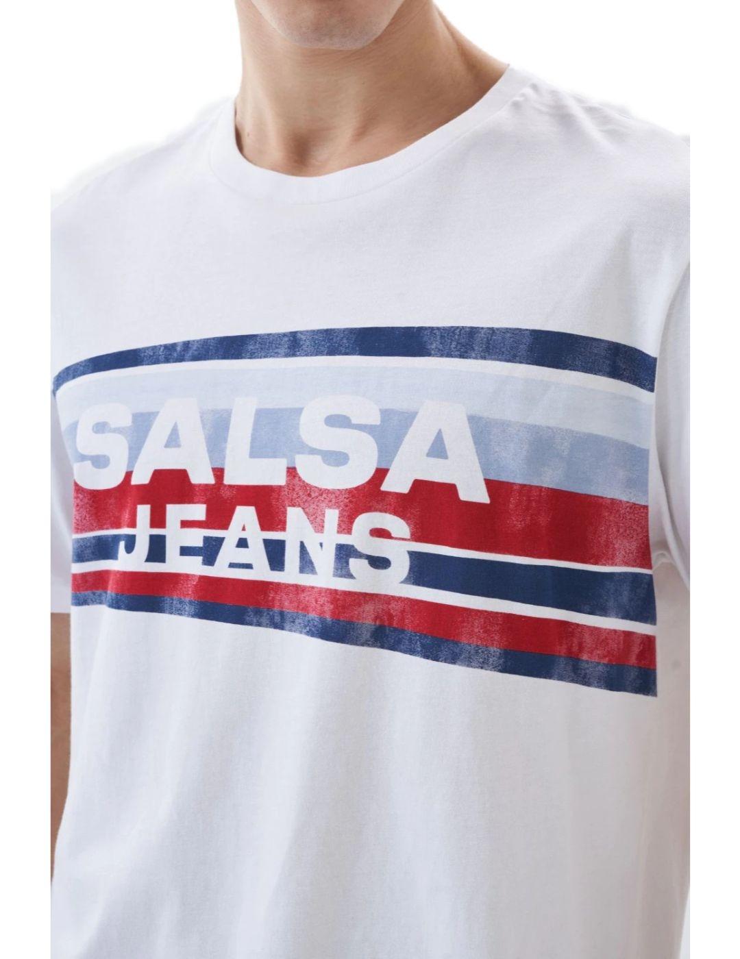 Camiseta Salsa branding blanca rayas de hombre -a