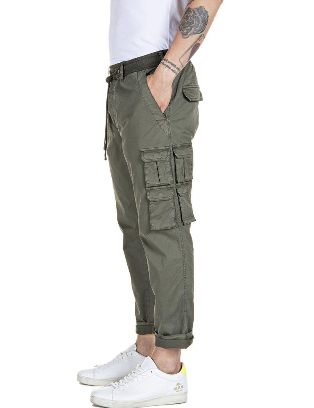 Pantalón Replay cargo verde para hombre-a