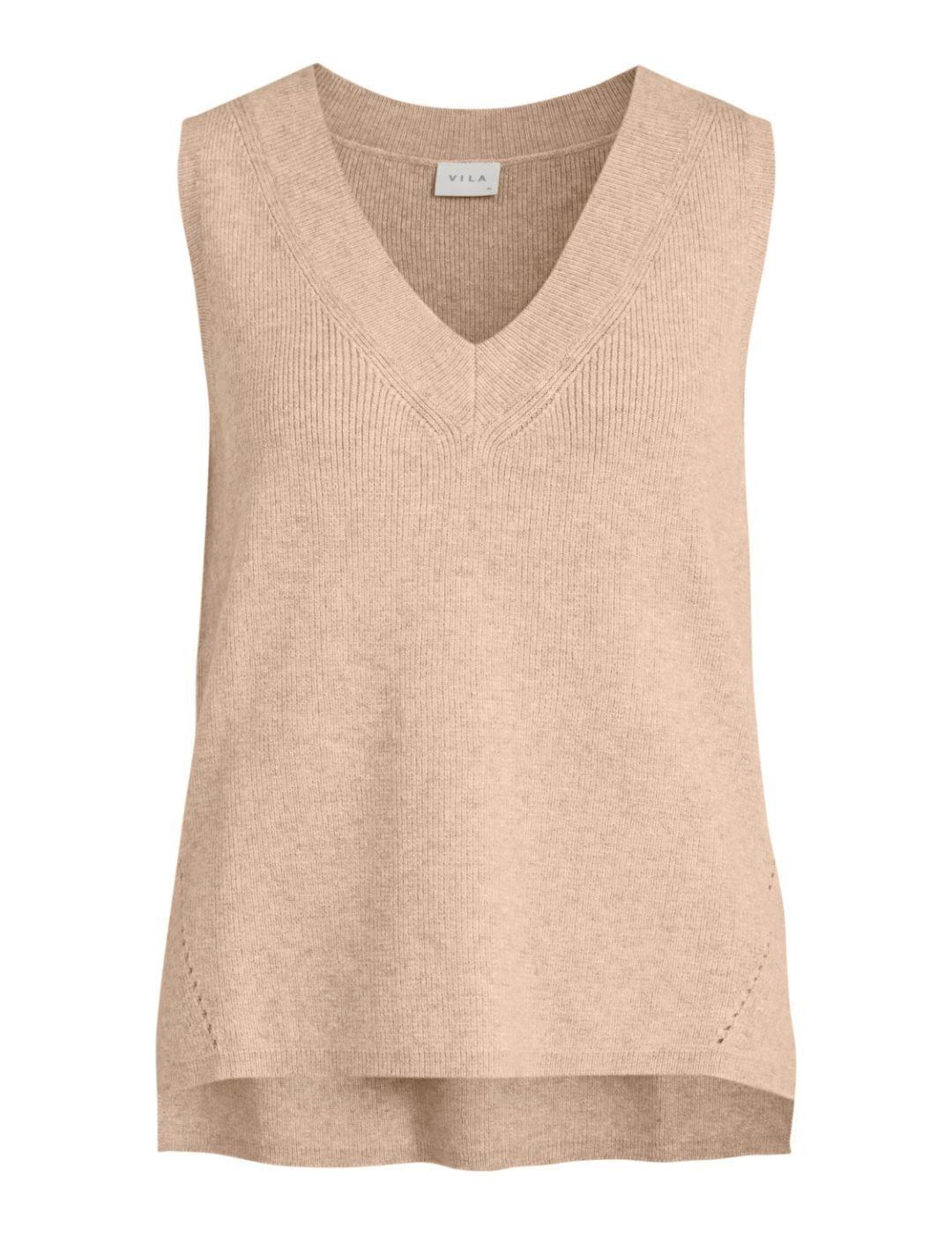 Chaleco Vila Viril de punto beige cuello de pico para mujer