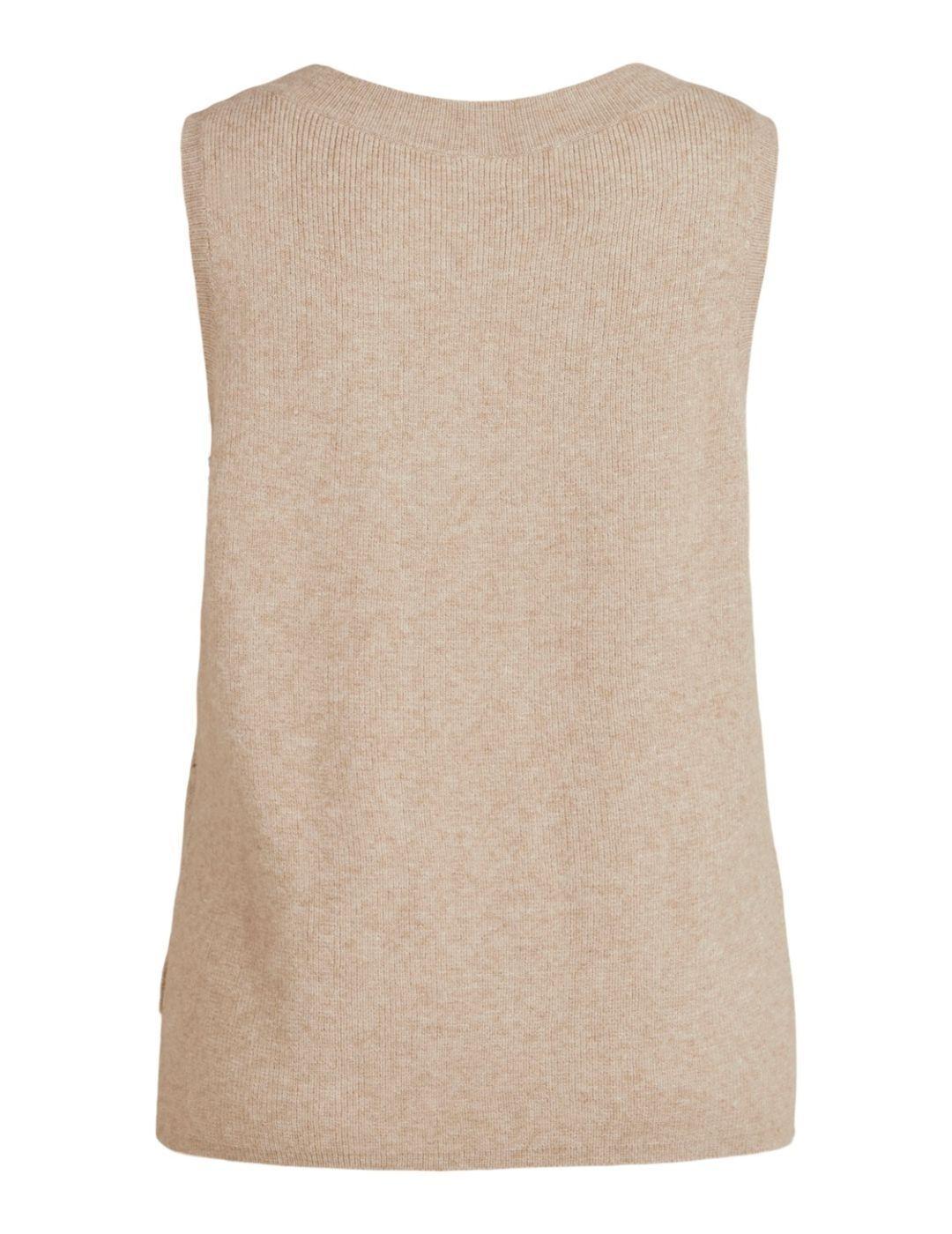 Chaleco Vila Viril de punto beige cuello de pico para mujer
