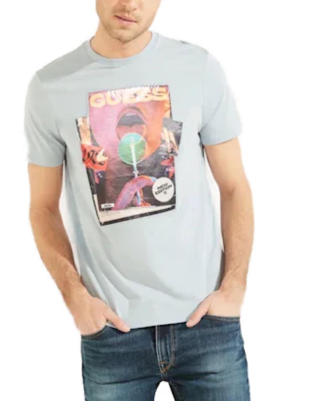 Camiseta Guess Magazine celeste para hombre -b