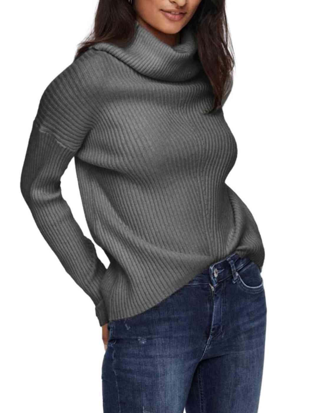 Jersey Only Katia cuello alto gris para mujer-b