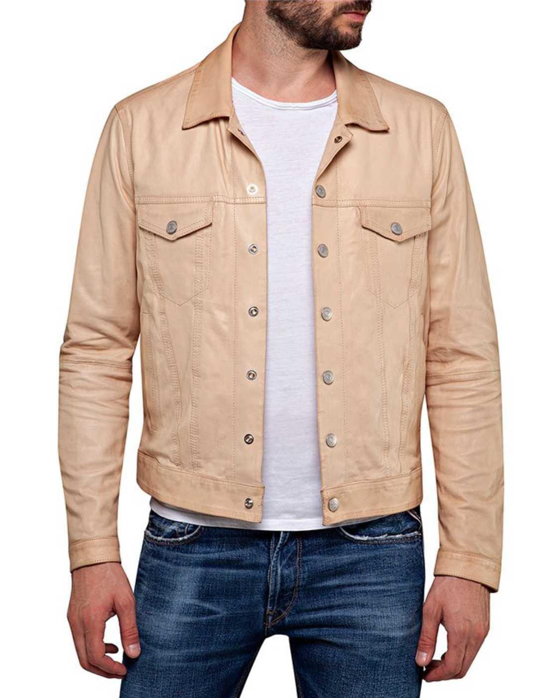 Chaqueta de cuero Replay beige hombre-w