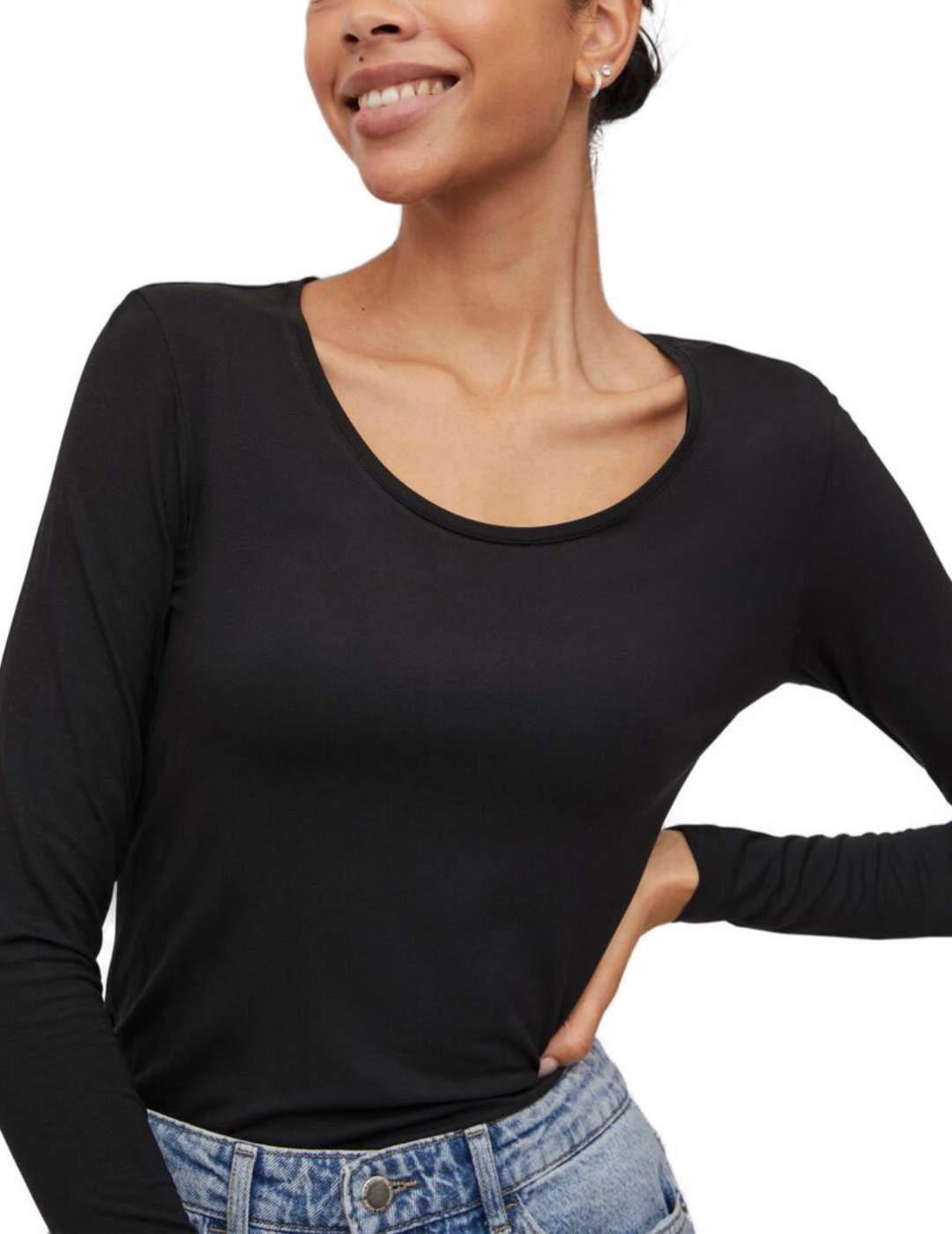 Camiseta Vila Daisy negra manga larga para mujer-&