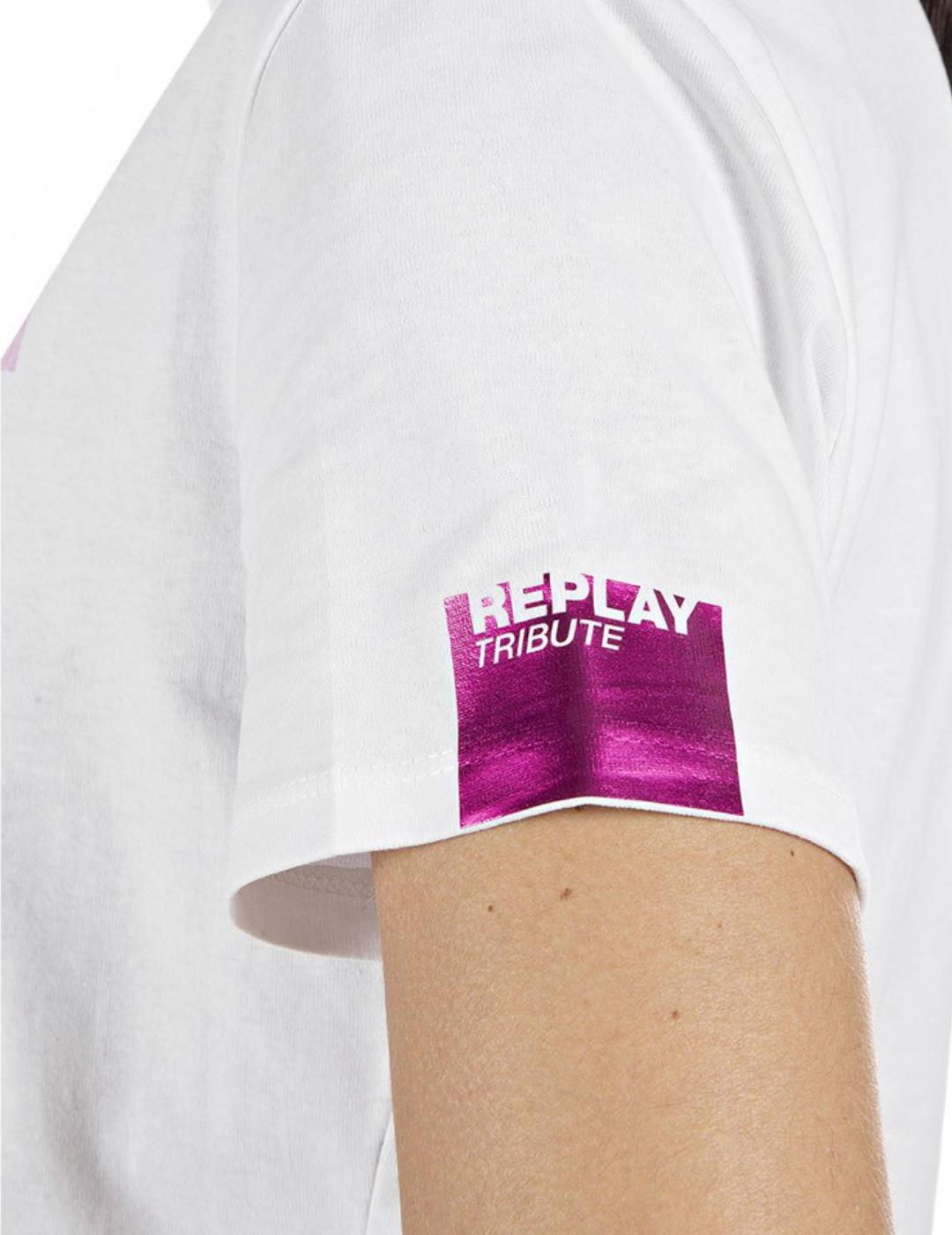 Camiseta Replay blanca manga corta con estampado rosa  mujer