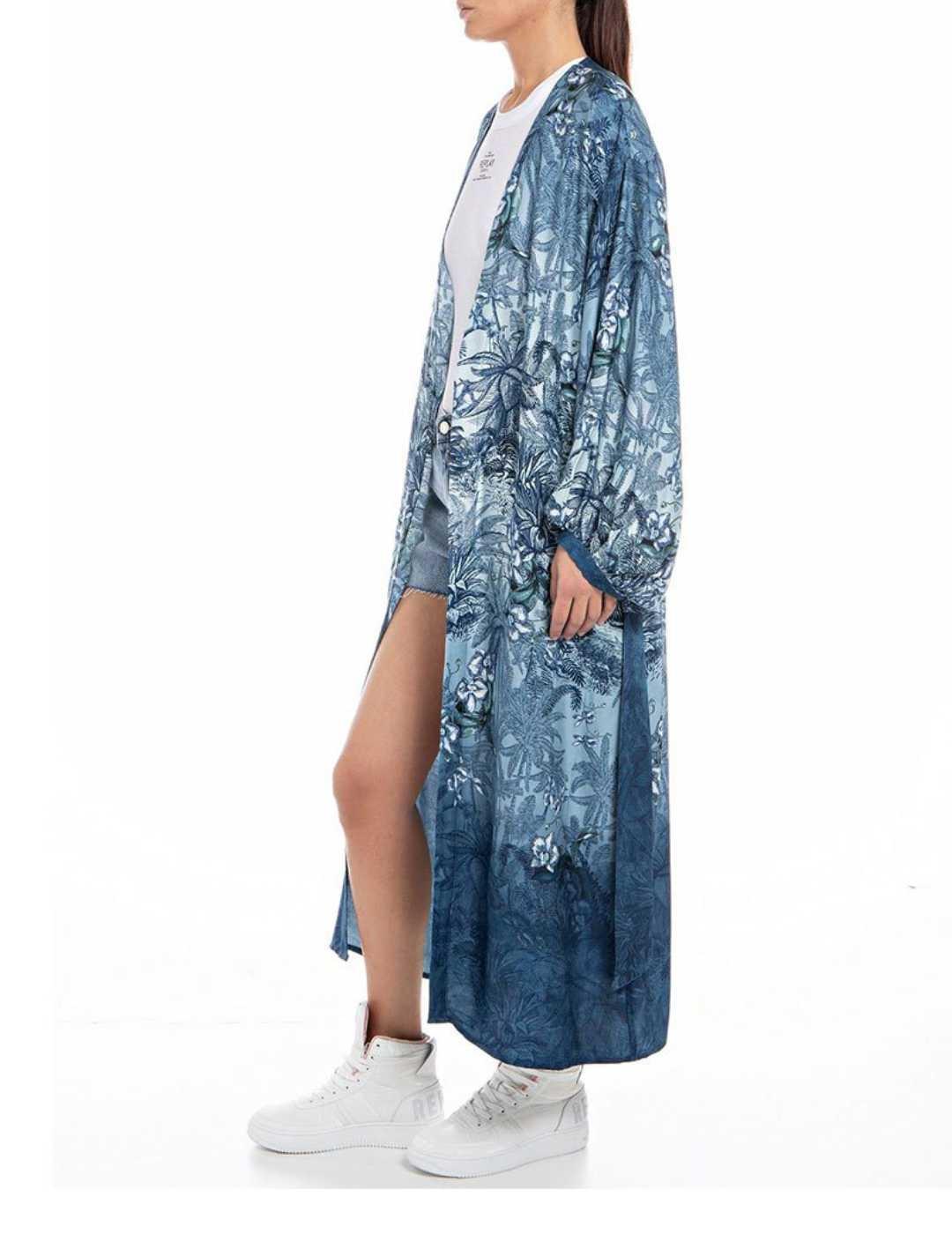 Kimono Replay largo azul estamapado de mujer