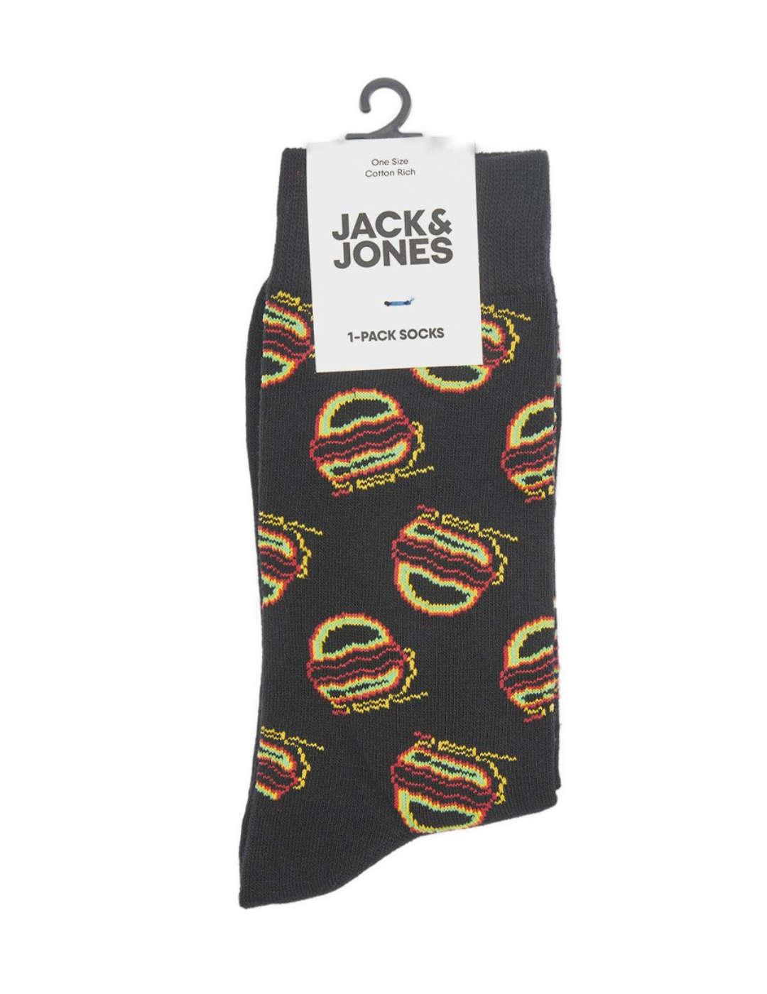 Calcetines Jack&Jones Fastfood negro altos con burgers