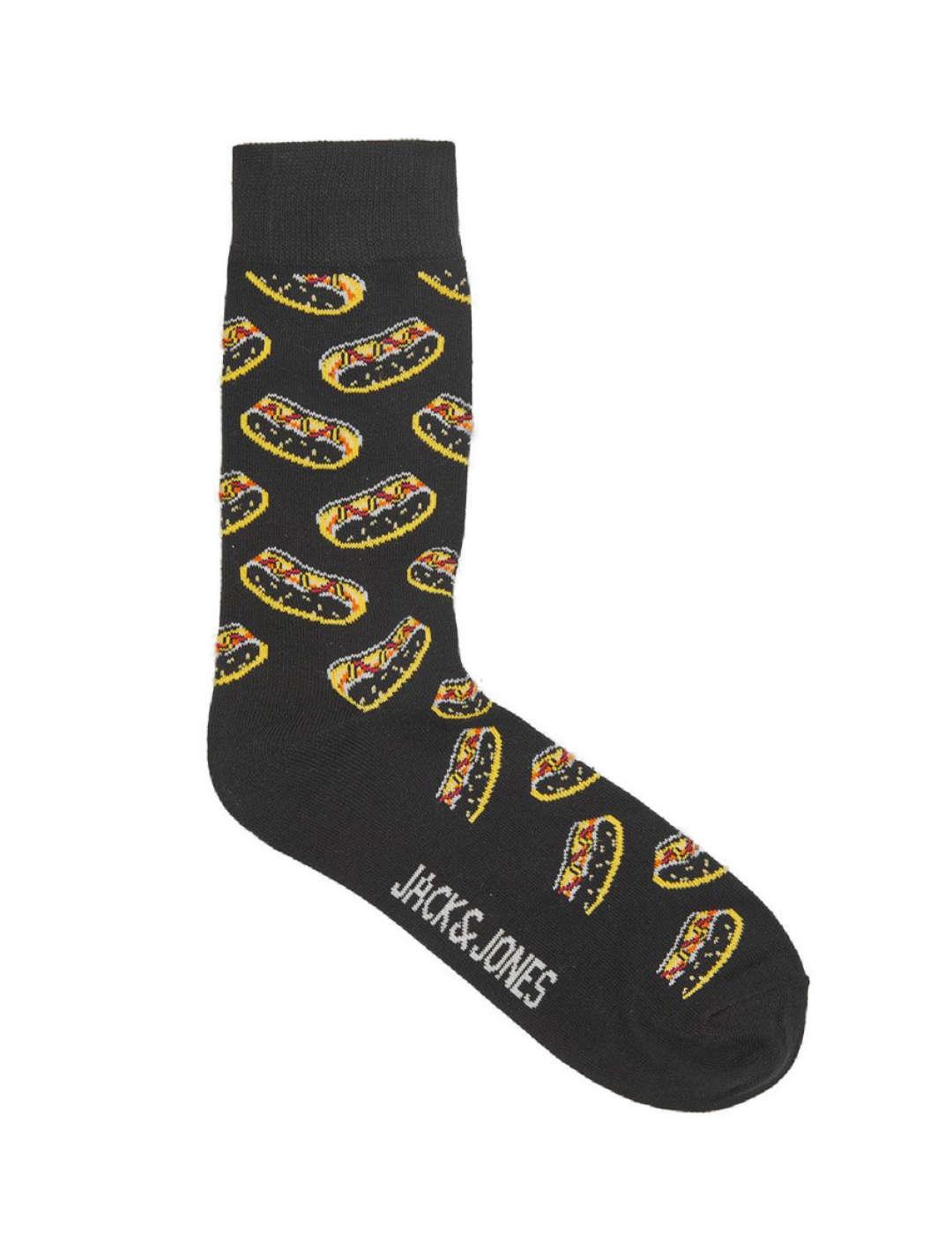 Calcetines Jack&Jones Fastfood negro altos con dibujo hotdog