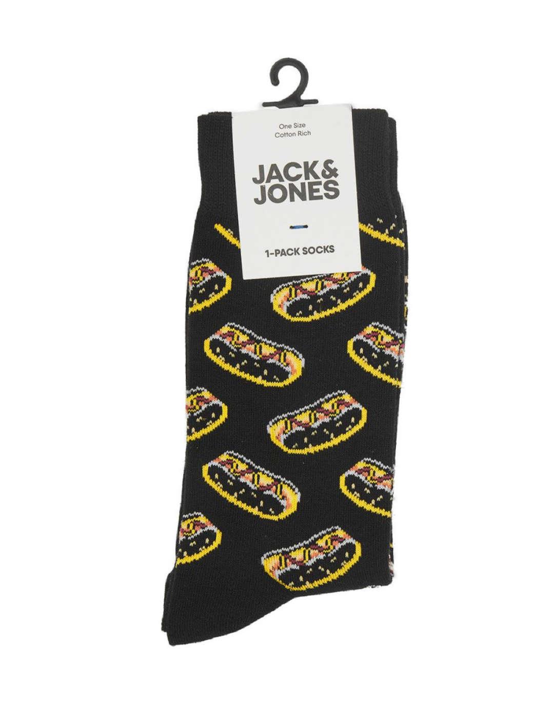 Calcetines Jack&Jones Fastfood negro altos con dibujo hotdog