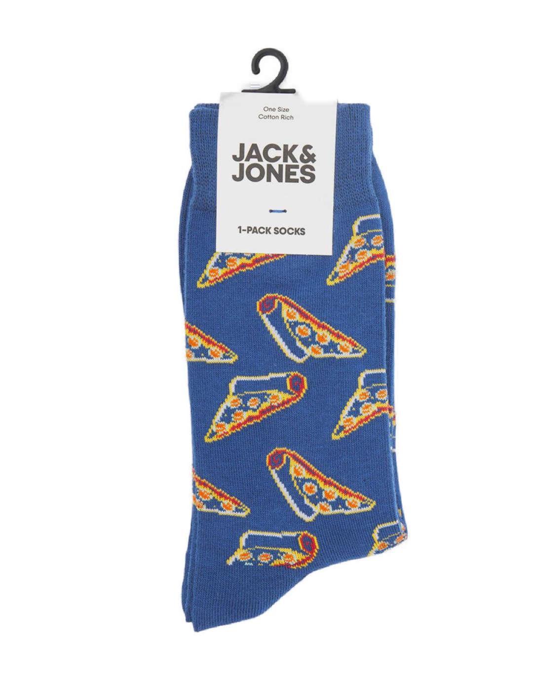 Calcetines Jack&Jones Fastfood azulón altos con dibujo pizza