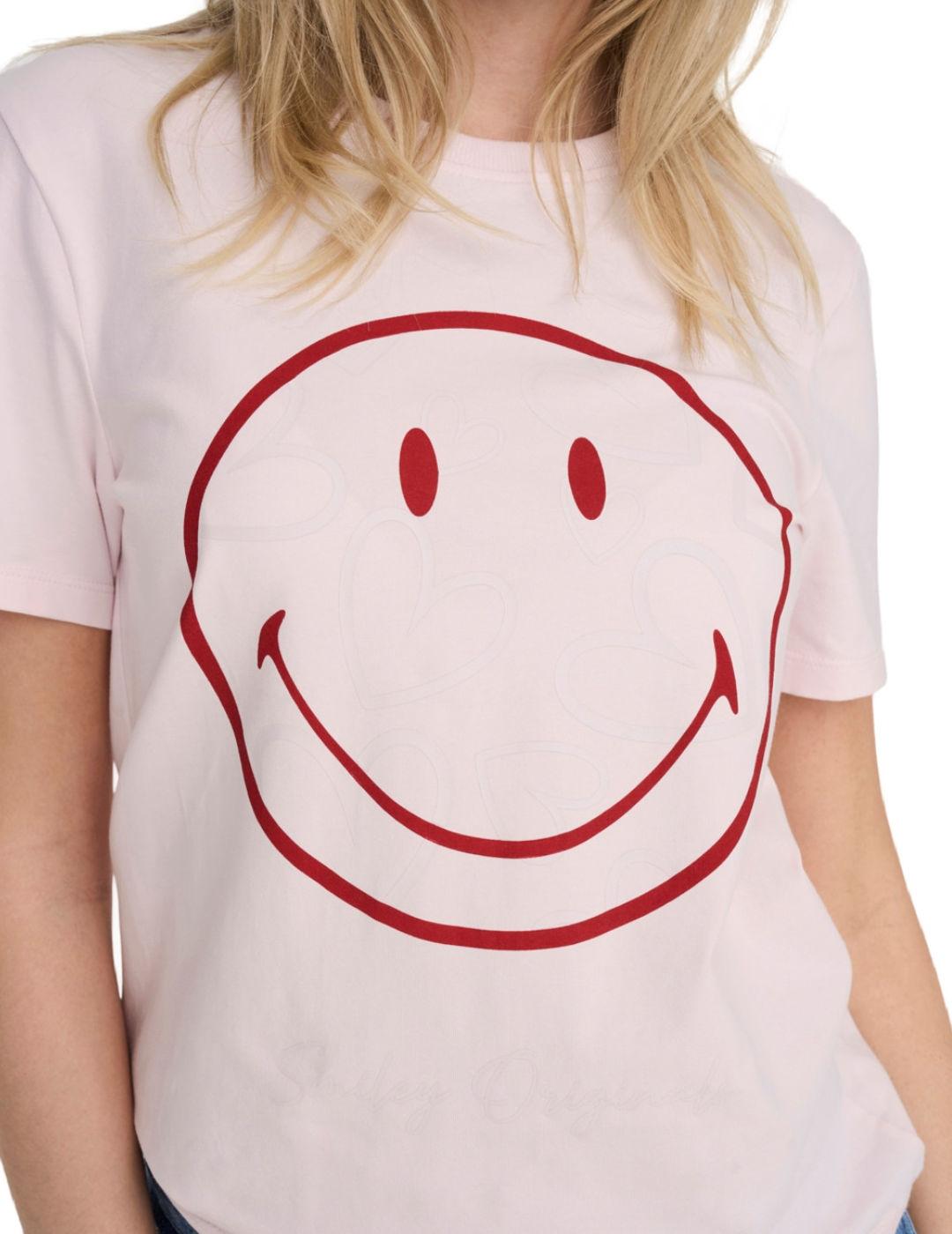 Camiseta Only Smiley rosa palo manga corta para mujer