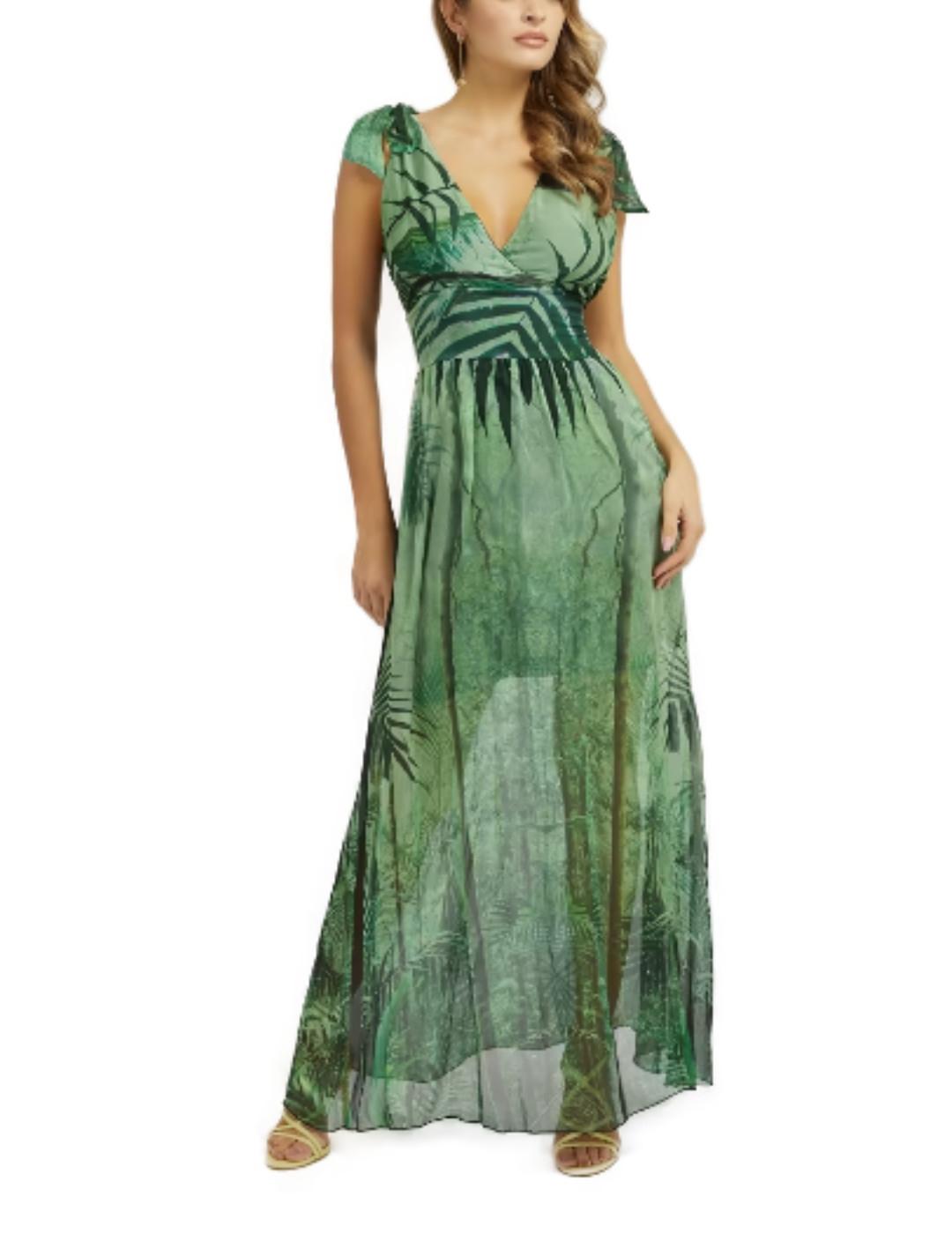 Vestido largo Guess Smocked de seda verde hojas para mujer