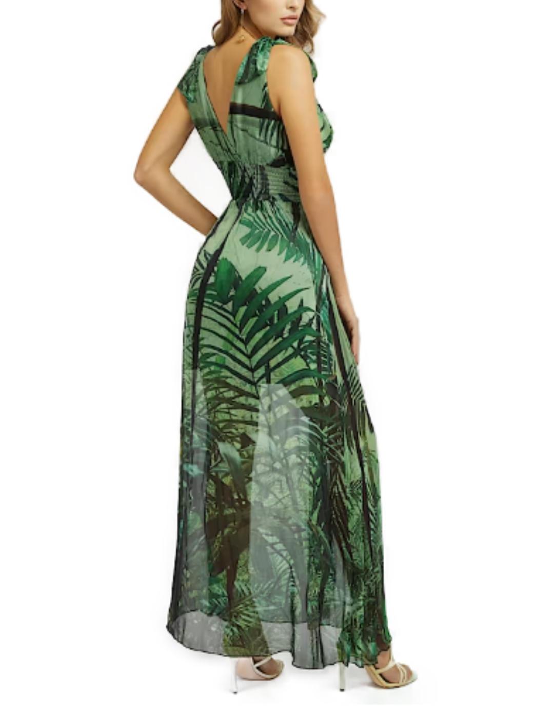 Vestido largo Guess Smocked de seda verde hojas para mujer