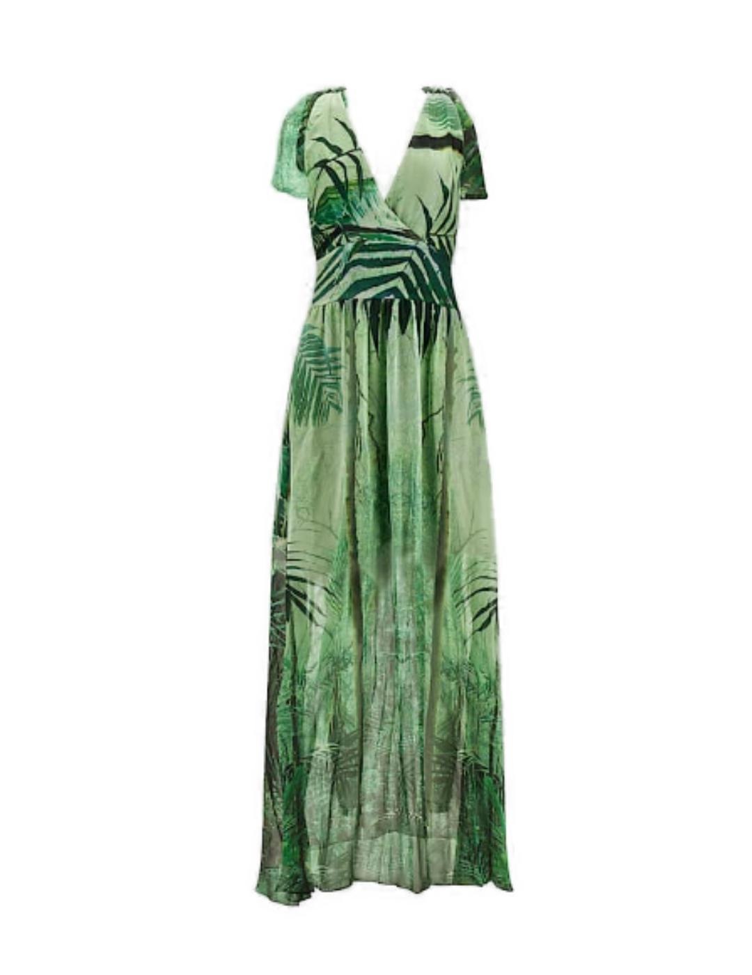 Vestido largo Guess Smocked de seda verde hojas para mujer