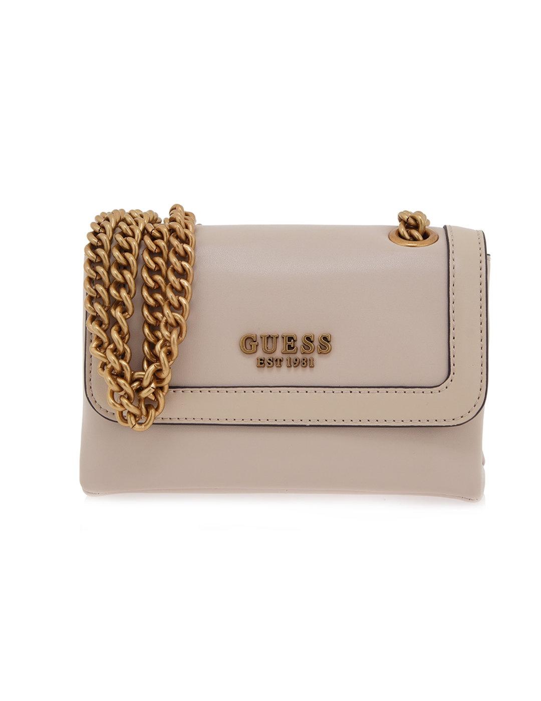 Bolso Guess Abey mini beige brillante para mujer