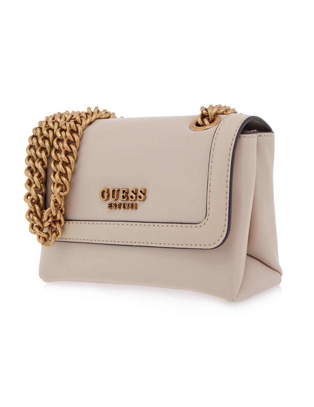 Bolso Guess Abey mini beige brillante para mujer