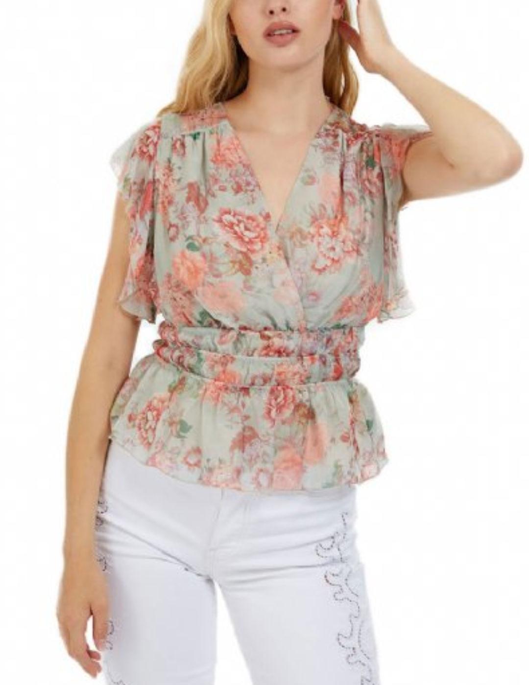 Blusa Guess Joandra blanco/azul/verde de flores para mujer