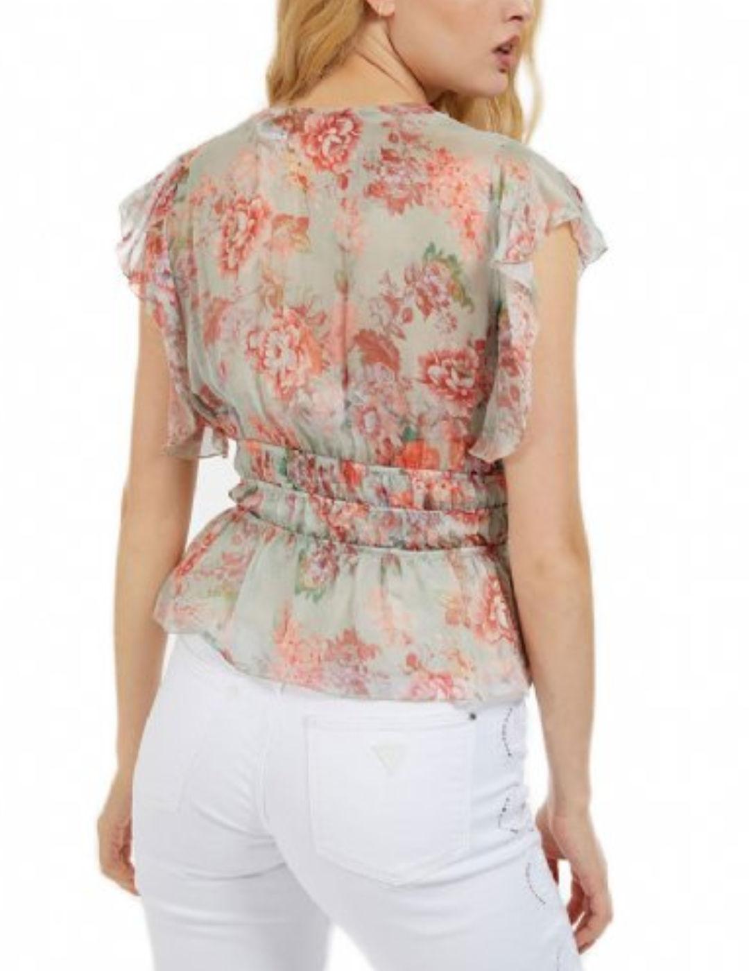 Blusa Guess Joandra blanco/azul/verde de flores para mujer