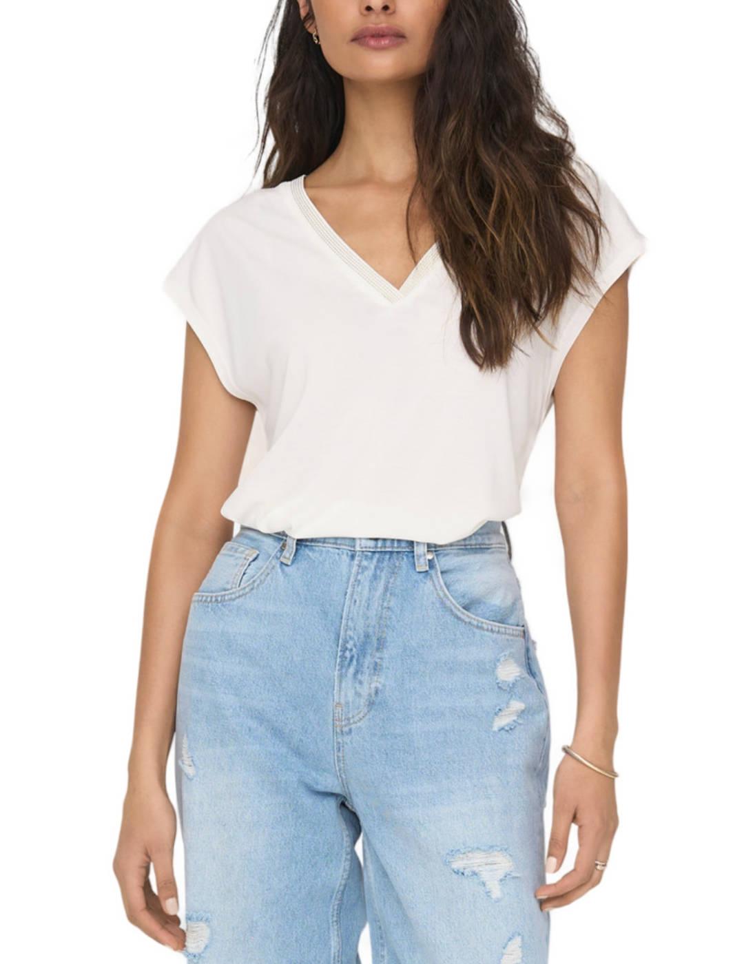 Camiseta escote V Only Free blanca para mujer