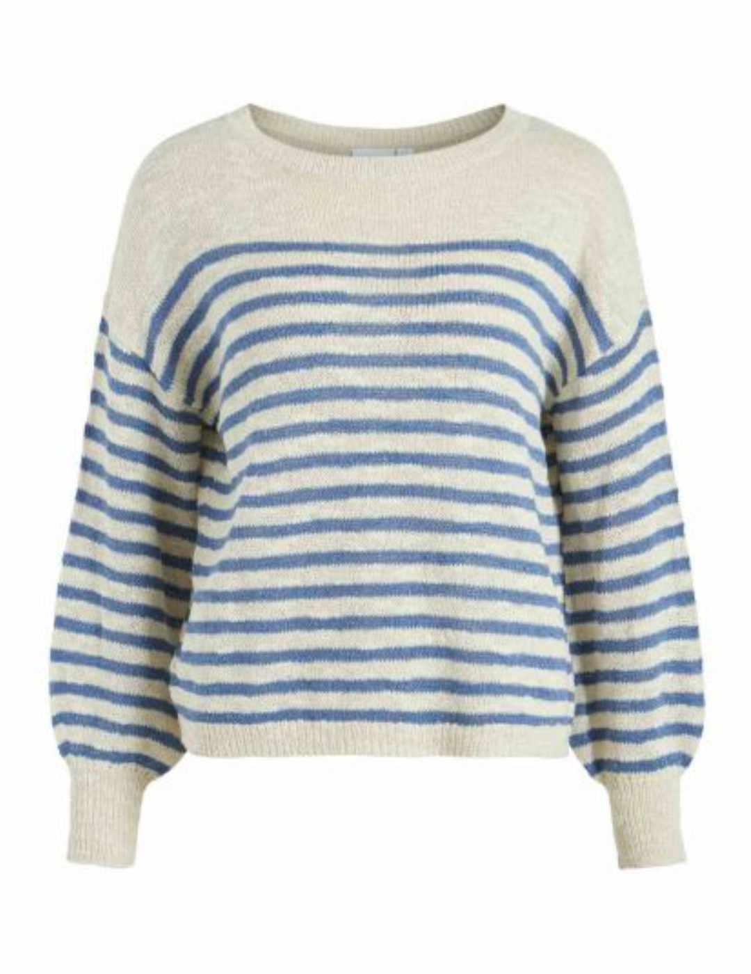 Jersey Vila de punto cuello redondo beige raya azul de mujer