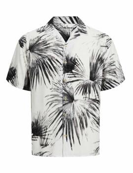 Camisa J J de manga corta blanca palmeras negras de hom