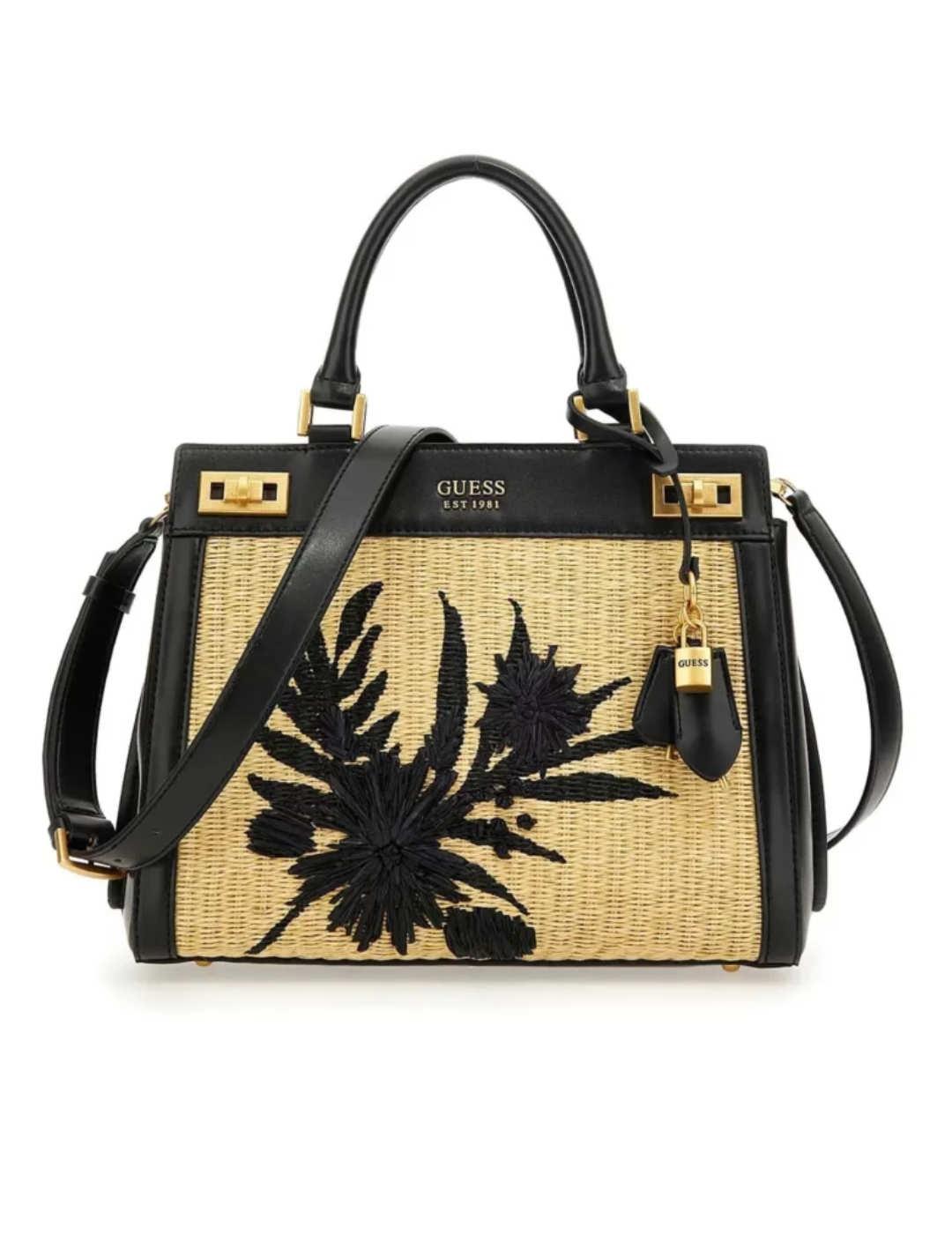 Bolso Guess mini Katey beige y negro bordado para mujer