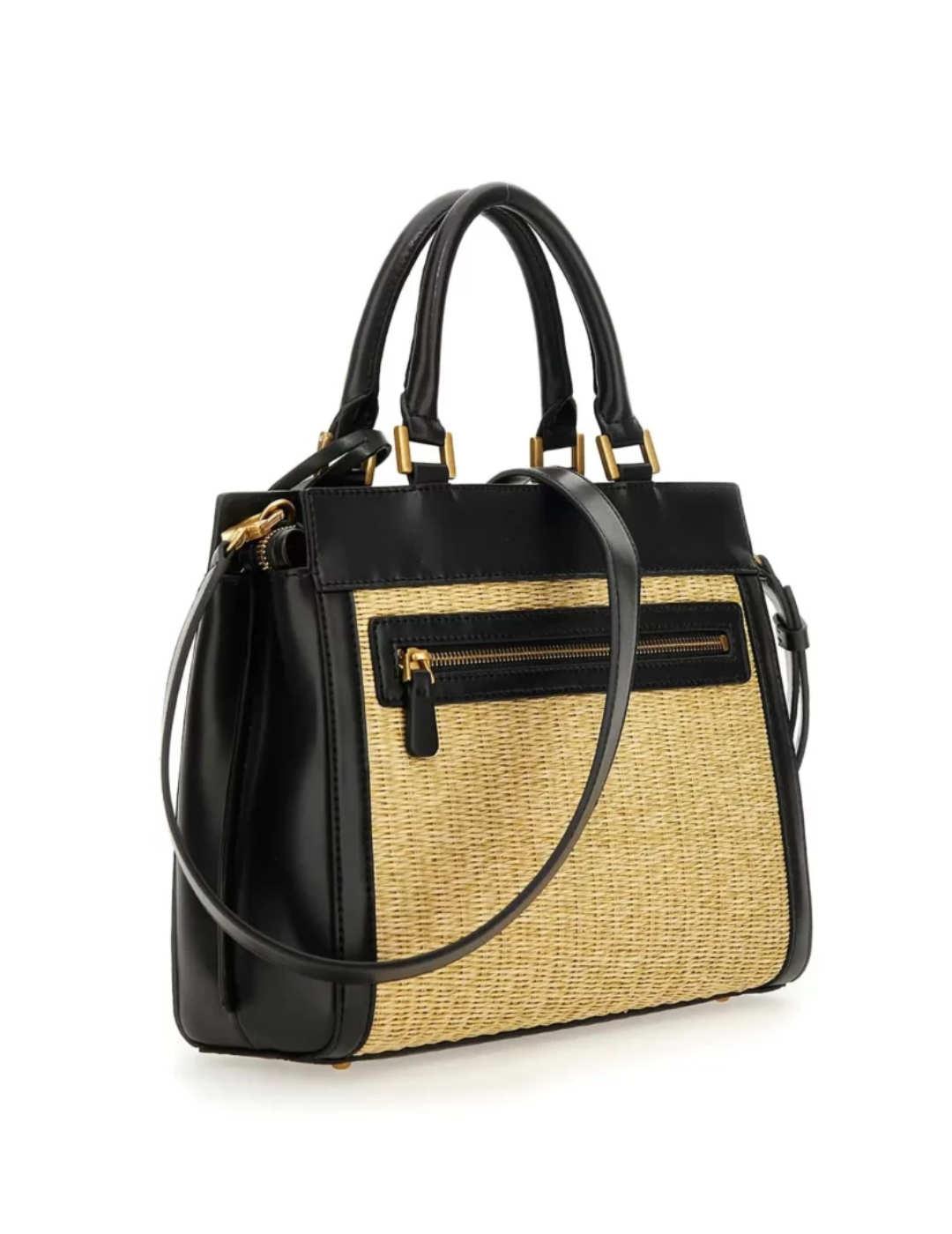 Bolso Guess mini Katey beige y negro bordado para mujer