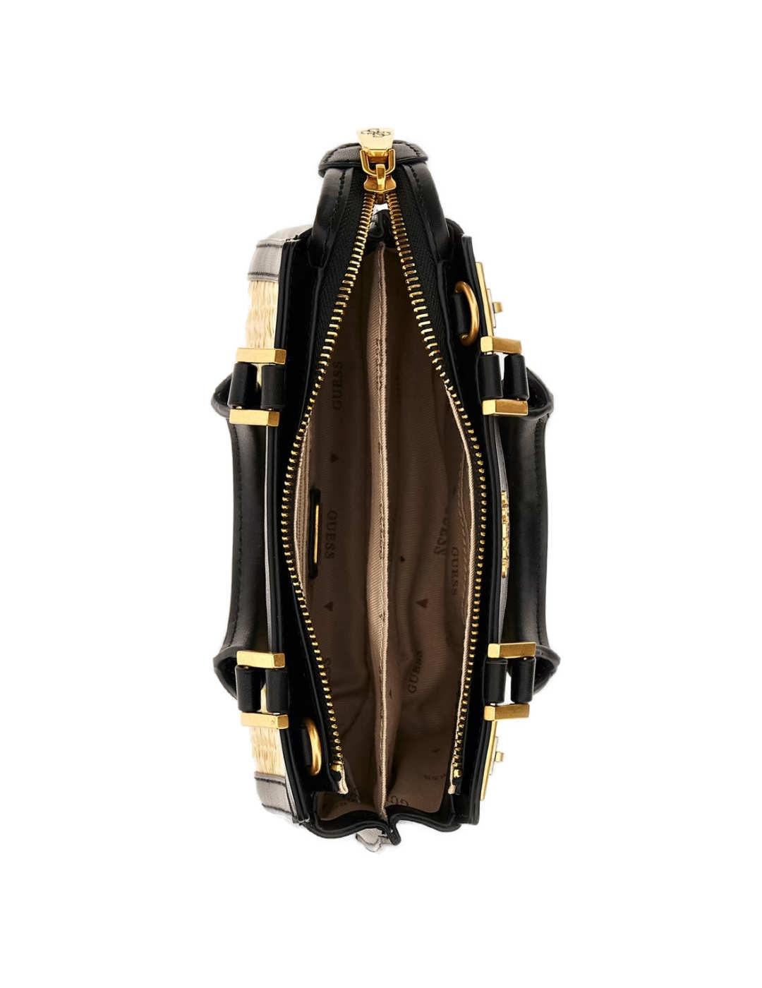Bolso Guess mini Katey beige y negro bordado para mujer
