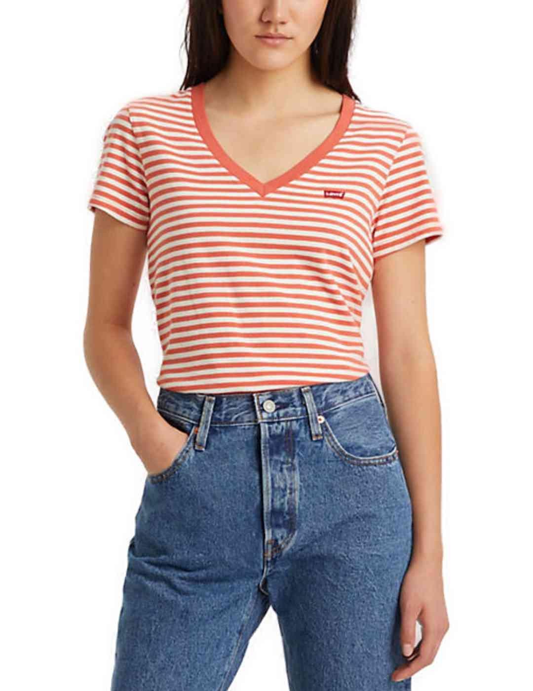 Camiseta Levi´s cuello de pico naranja a rayas de mujer