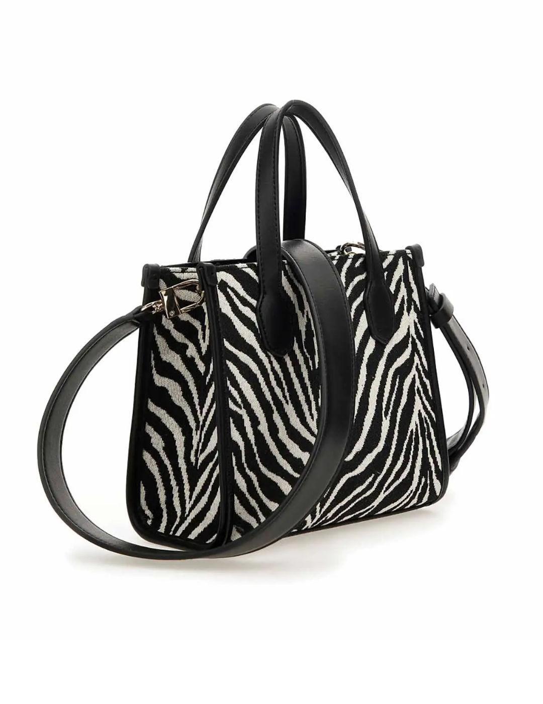 Bolso Guess Silvana tote cebra blanco y negro para mujer