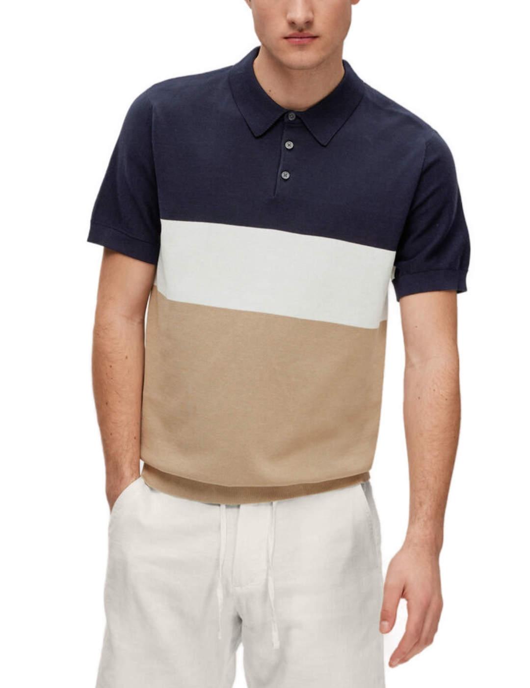 Polo Selected Mattis marino/blanco/camel manga corta hombre