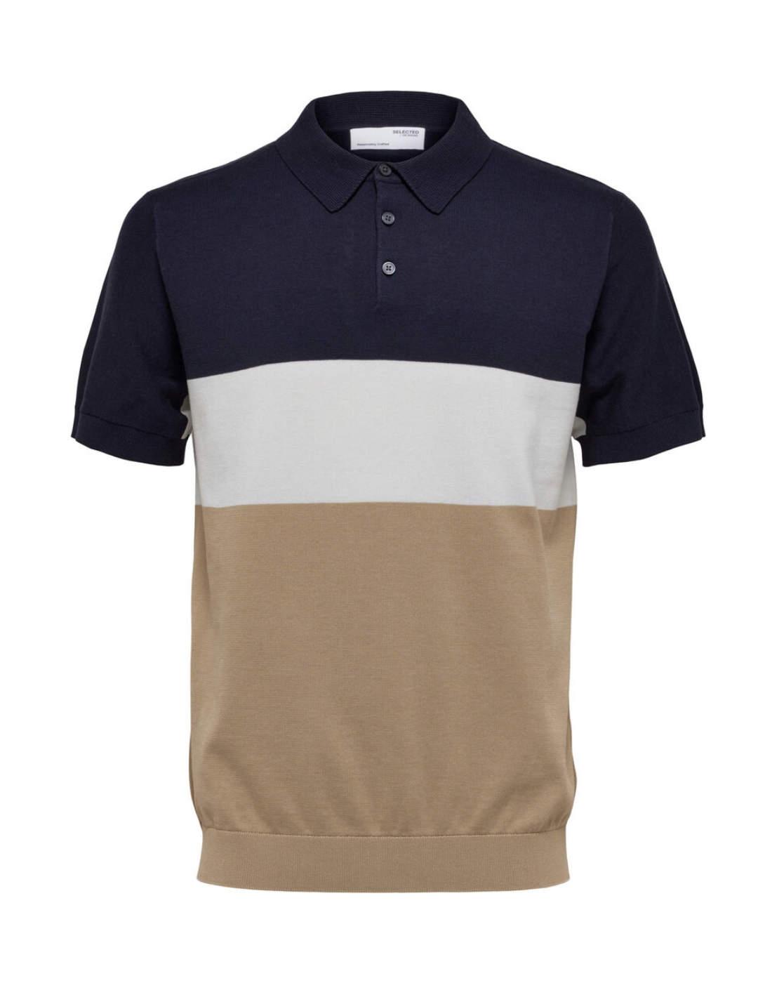 Polo Selected Mattis marino/blanco/camel manga corta hombre