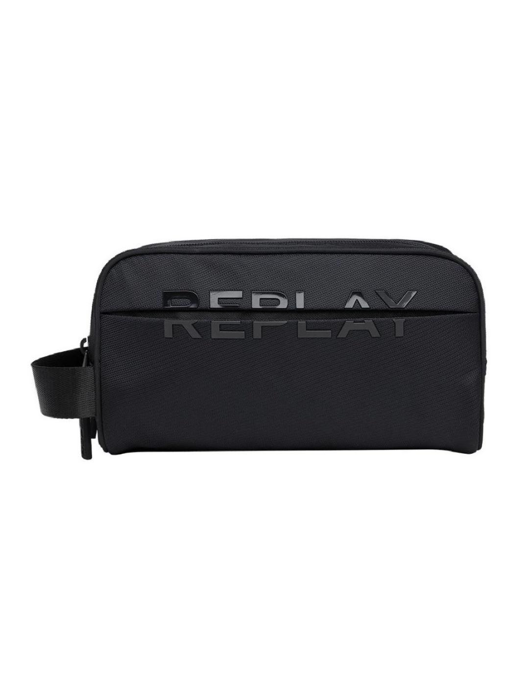 Neceser Replay negro grande con doble cremallera para hombre
