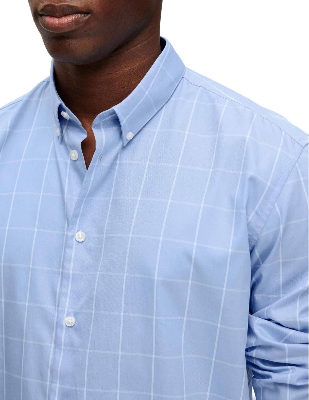 Camisa Selected Regethan celeste cuadros blancos para hombre