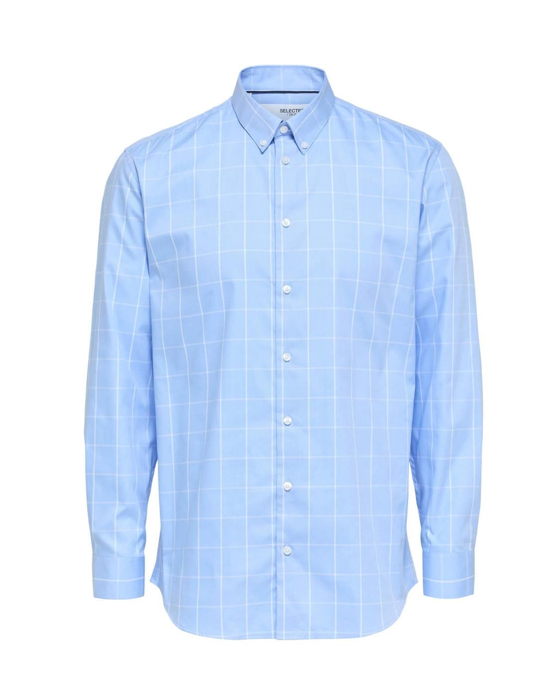 Camisa Selected Regethan celeste cuadros blancos para hombre