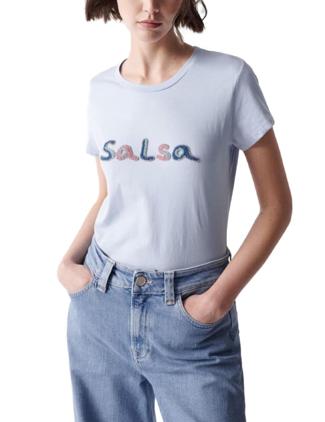 Camiseta Salsa manga corta azul con abalorios de mujer