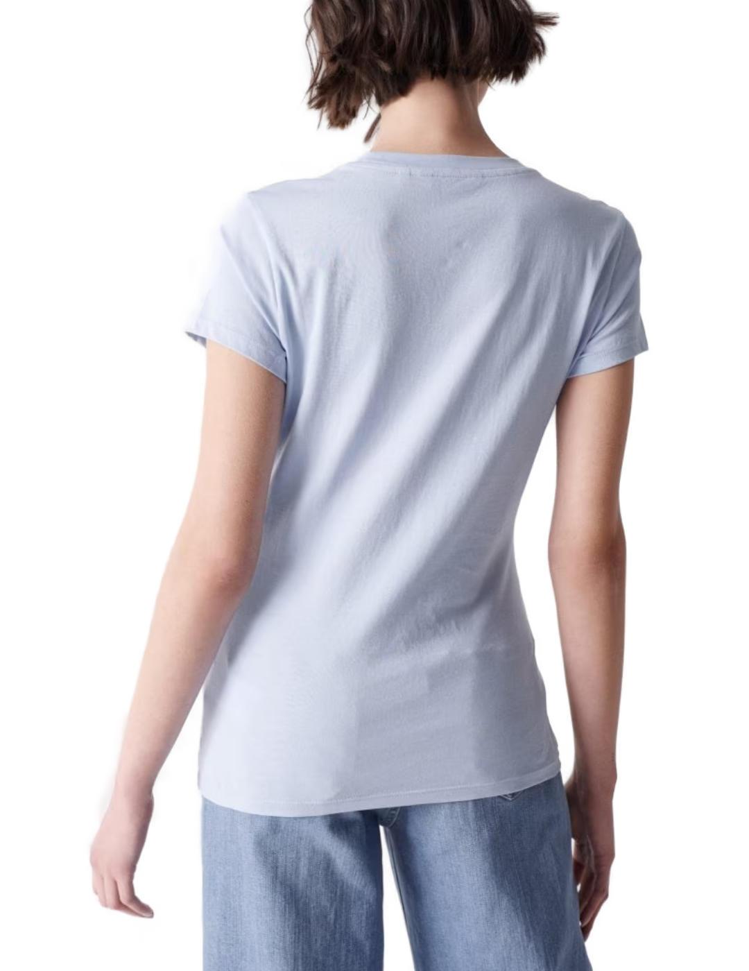 Camiseta Salsa manga corta azul con abalorios de mujer