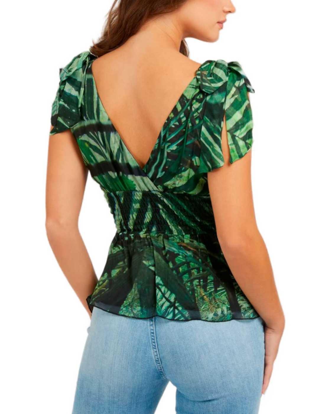 Top Guess Rozan seda estampado hojas verde para mujer