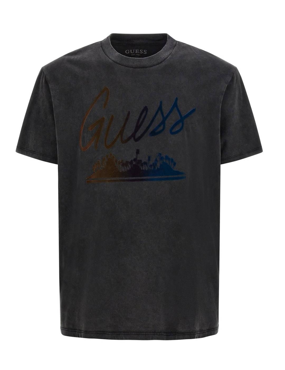 Camiseta Guess Island negro estampado multicolor para hombre