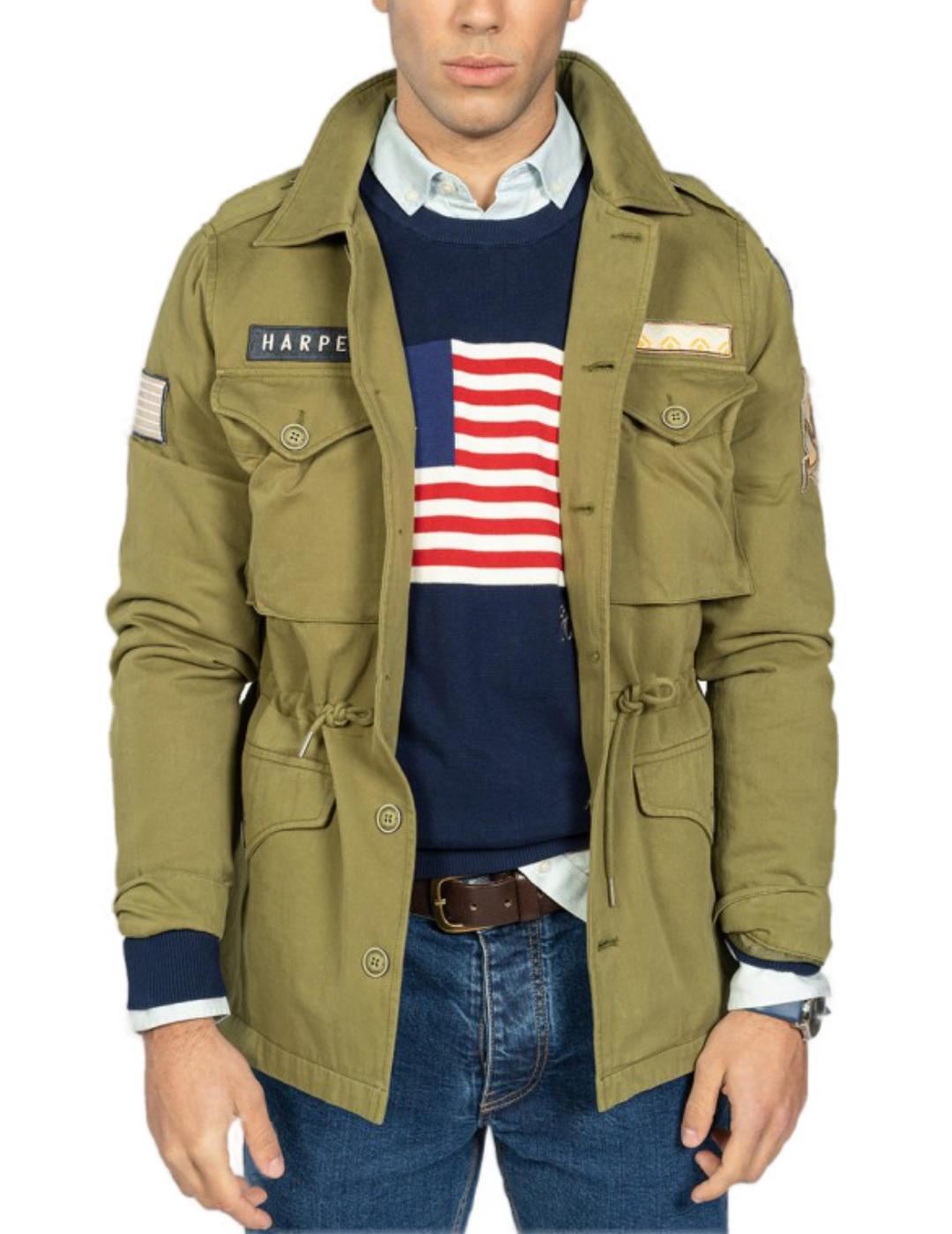 Chaqueta militar Harper Toscana verde con parches de hombre