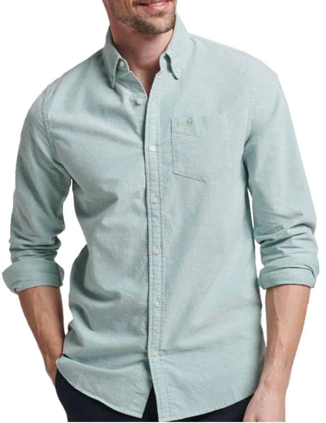 Camisa Supedry Washed verde manga larga para hombre